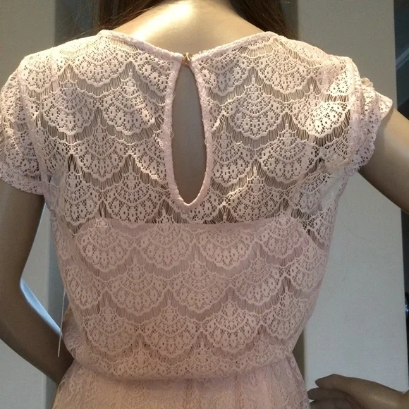 Jessica Simpson Lace Midi Dress Size 8 Blush Pink Scalloped Chain Collar Belted - Picture 4 of 16